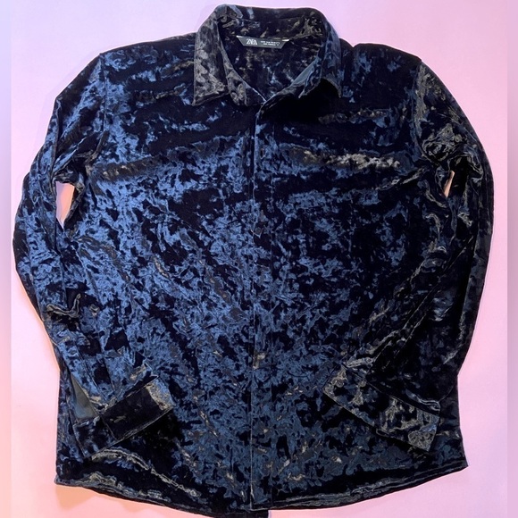 Zara black crushed velvet button down shirt, over shirt, jacket size M - Picture 4 of 8